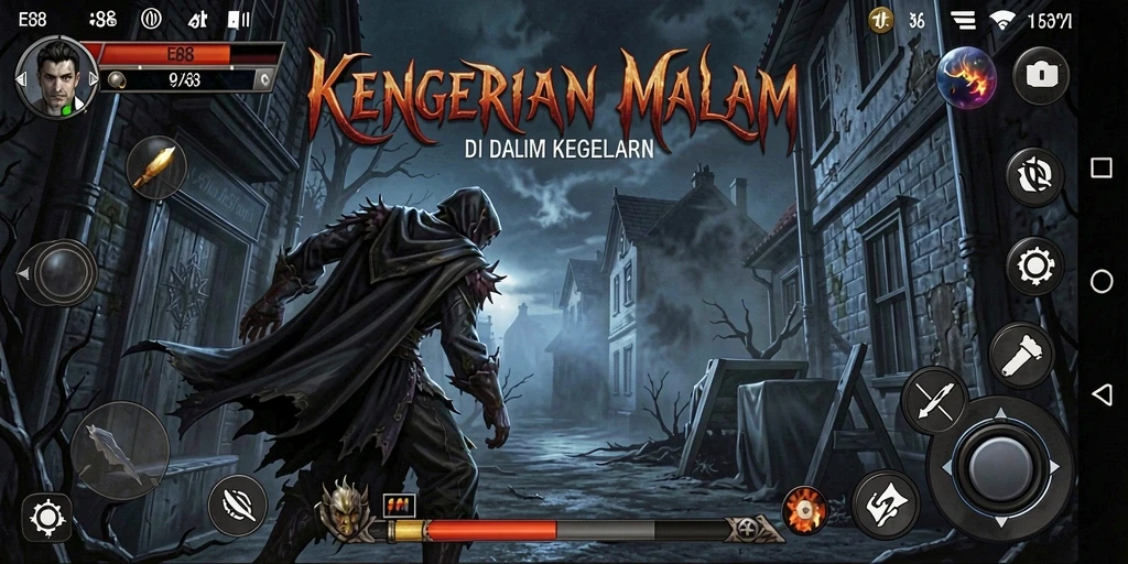 Tampilan gameplay menegangkan E88 yang penuh kegelapan dan misteri.