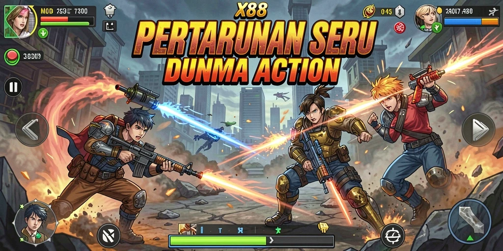 Screenshot gameplay X88 dengan aksi pertarungan yang intens.