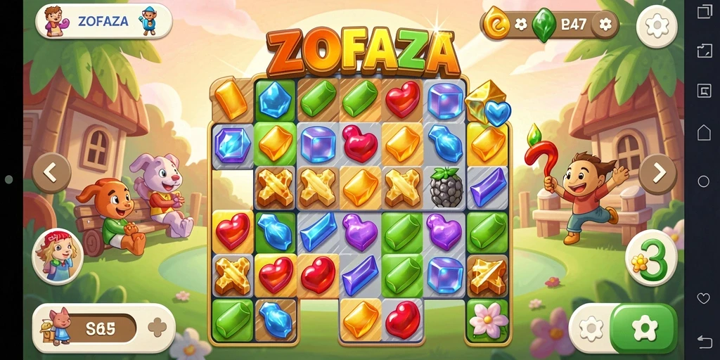 Tangkapan layar gameplay ZOFAZA menampilkan suasana seru permainan Match-3.